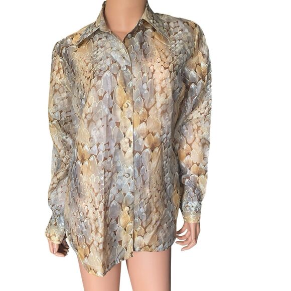 Tess 100% Silk Button Down Blouse M Sheer Long Sleeve Snake Print Capsule Office - Picture 1 of 7